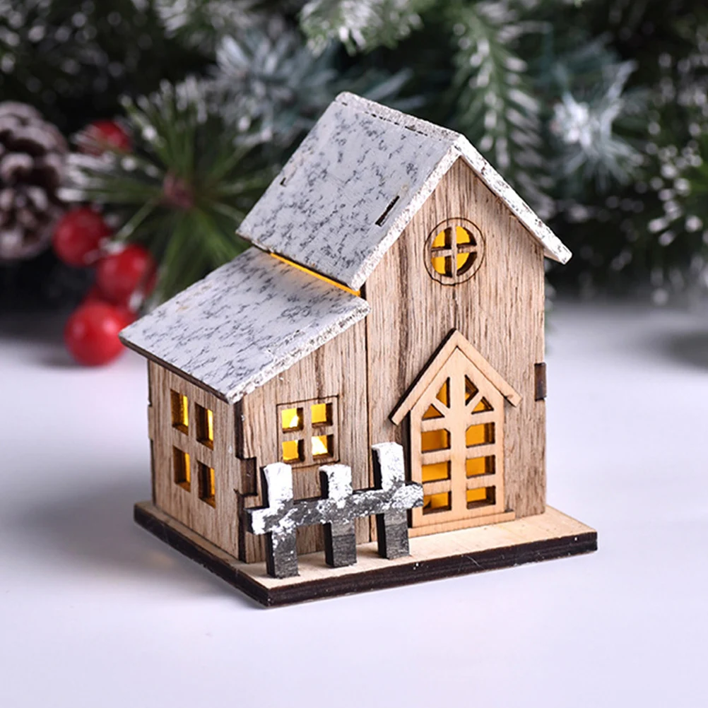 

3pcs Wooden Puzzle Villa Luminous Christmas Decor Snow House Xmas Desktop Adornment Lights Flat Bottom Stable Base Exquisite