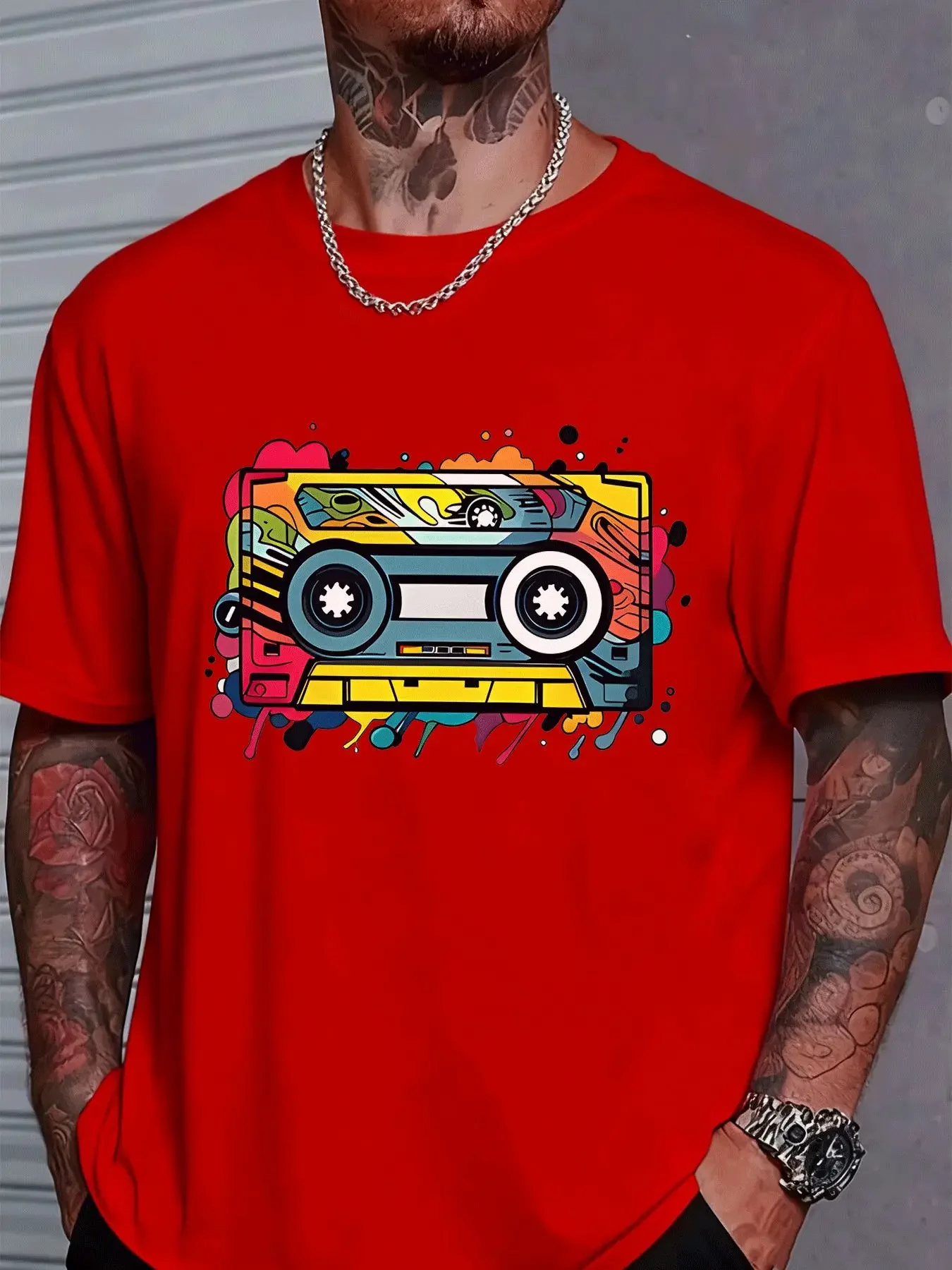 Black Mens Summer Tee Vintage Color Graffiti Cassette Tape Print Short Sleeve Casual Street T Shirt For Retro Music Hip Hop Fans