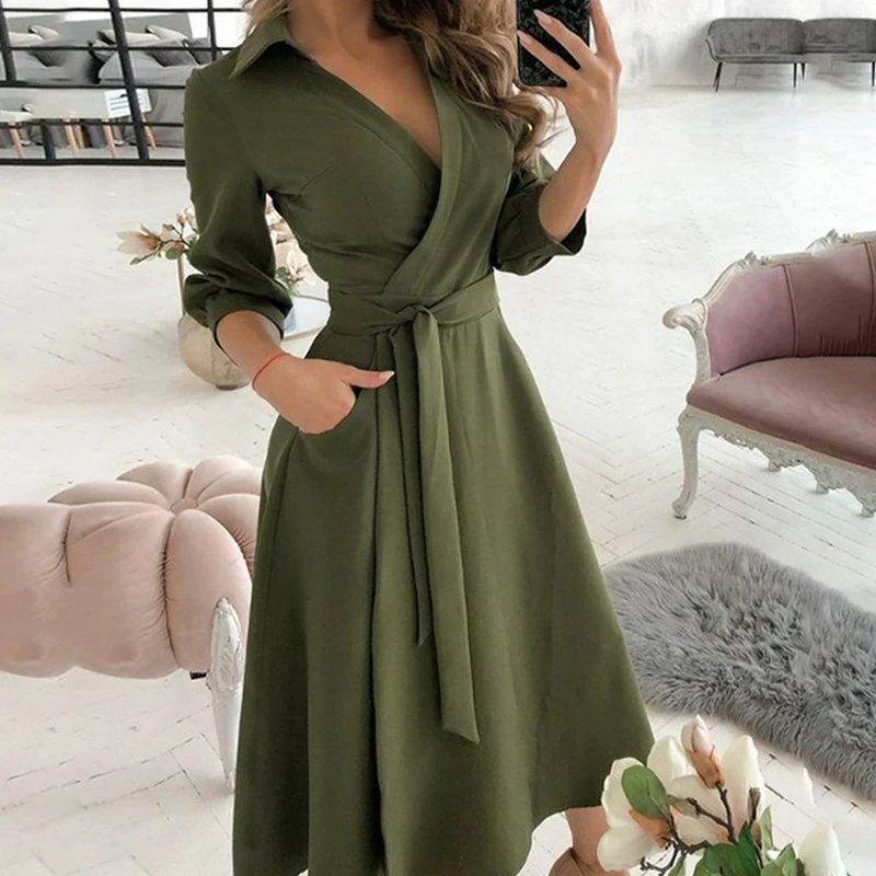 Women's Dress Fashion Printed Long Sleeve V-neck Hip Cover Dresses