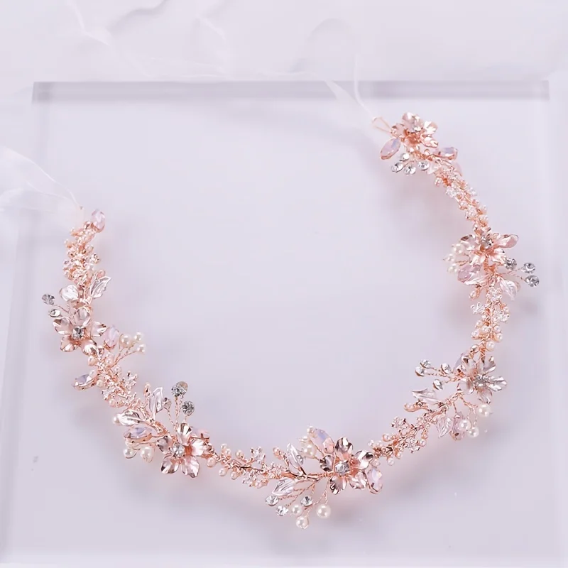 Rose Gold Flower Headband Wedding Accessories Pearl Rhinestone Hairband Tiara Headband For Bride Ornament Hair Jewelry Headband