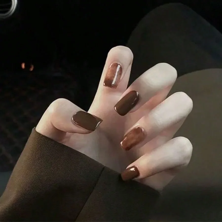 

24Pcs Short Square Amber Press On Nails, Autumn Winter Reusable, 1-Min Easy Apply For Daily Party Holiday