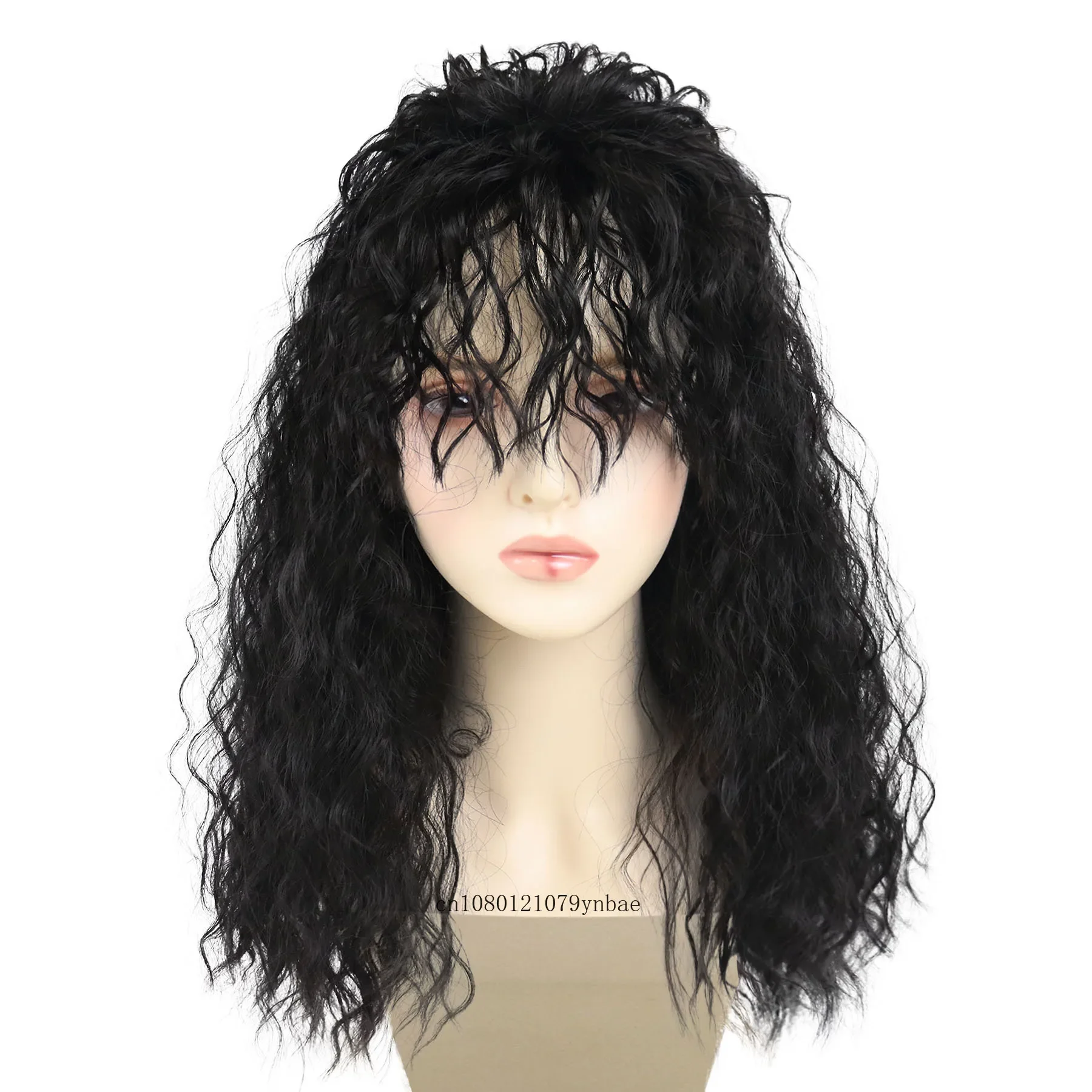 Womens 80s Natural Curly Black Synthetic Wigs Party Cosplay Halloween Daily Use Long Wavy Curly Wig with Bangs Natural Looking