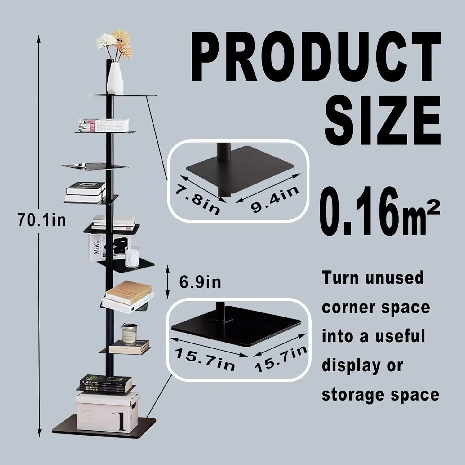 9 Tier Metal Spine Bookshelf Tower, Adjustable Vertical Spine Book Tower Floor,Tall Open Shelf 360 Display Storage Organizer