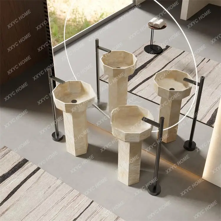 J Beige Travertine Pedestal Sink, Outdoor Freestanding Stone Basin For Villa Balcony, Stain Resistant & Durable, Customizable