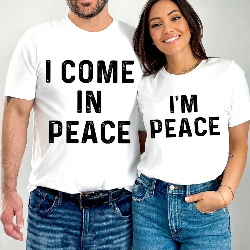 Cotton  100% Couple T-shirts I'm Peace/ I Come in Peace Printed Clothes Couple T-shirts Summer Fashion Short Sleeves Fashionable