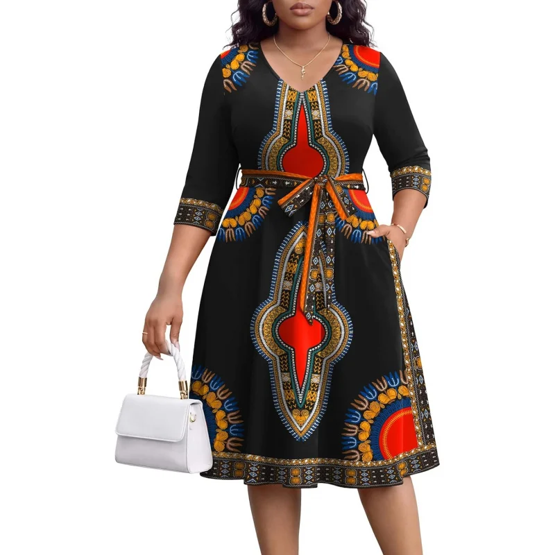 Vestidos Midi de Tallas Grandes para Mujer - Vestido de Iglesia con Corte en A, Cuello en V, Manga 3/4, para Invitadas de Boda o Cóctel, con Bolsillos (XL-5XL)