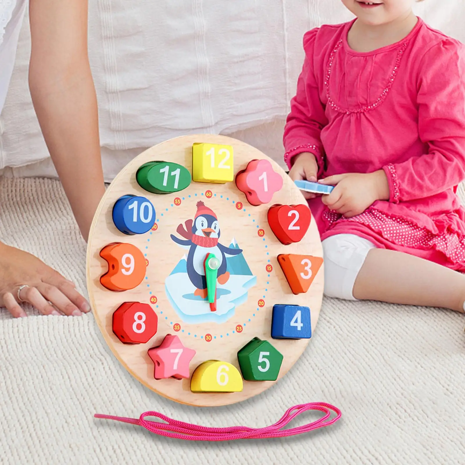 Orologio di smistamento a forma di legno Pezzi di puzzle con perline Tempo di insegnamento Giocattolo per l'apprendimento precoce per la scuola materna Regalo divertente per bambini in età prescolare