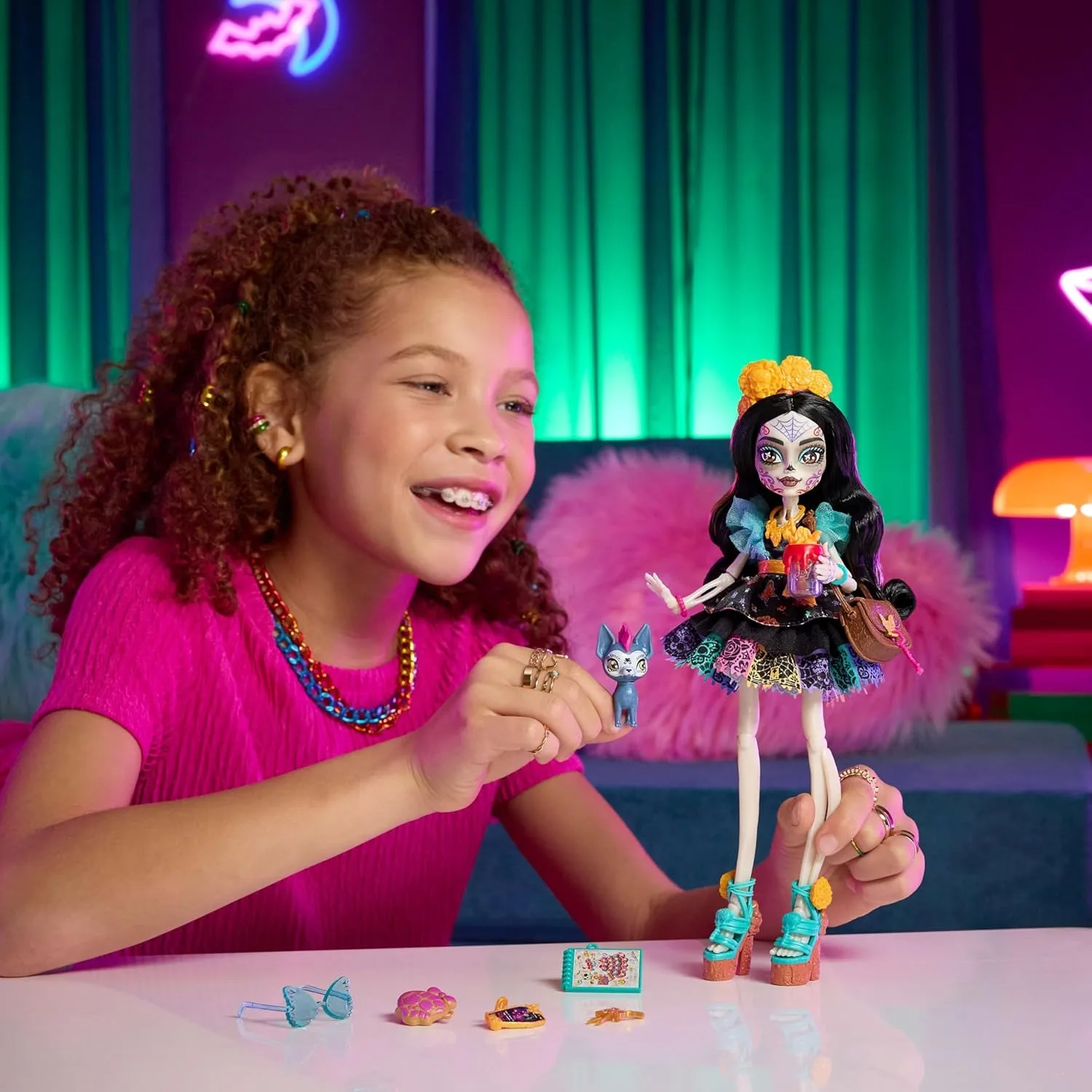 2026 New Original Mattel Monster High Doll Skelita Calaveras Colorful Papel Picado Dress  Pet Dog Candelita 7 Accessories JHK34