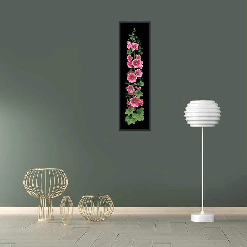 Hollyhock Blumen-Kreuzstich-Set, 18 ct, 14 ct, 11 ct, schwarzer Stoff, Baumwollfaden, DIY-Stickset, Heim- und Wanddekoration