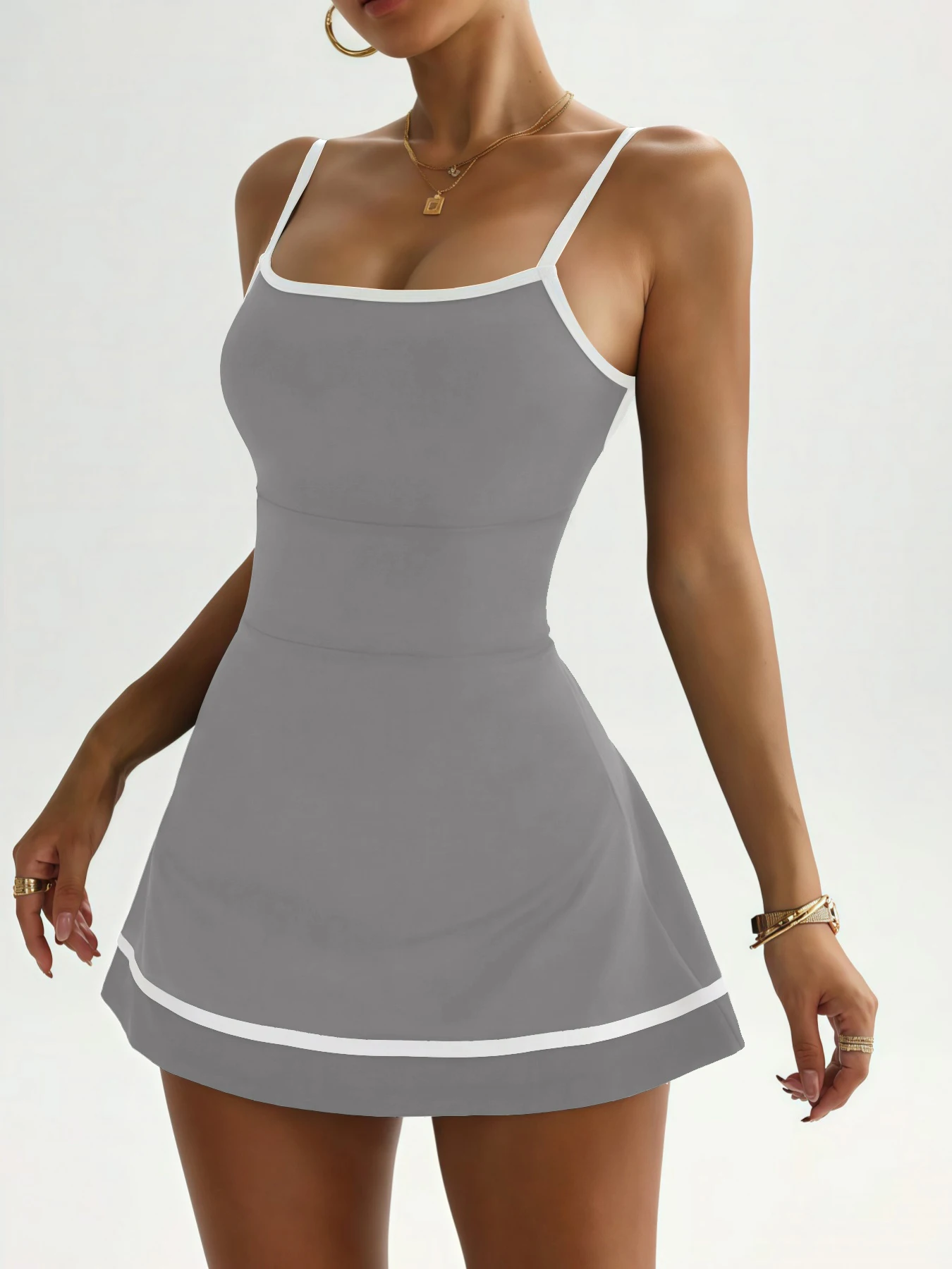 Damen Zwei-in-Eins Tennisrock mit Verstellbaren Trägern, Eingebauten Shorts, Bauchkontrolle, für Golf, Yoga, Fitness, Lässiger Kurzrock – Detail 6