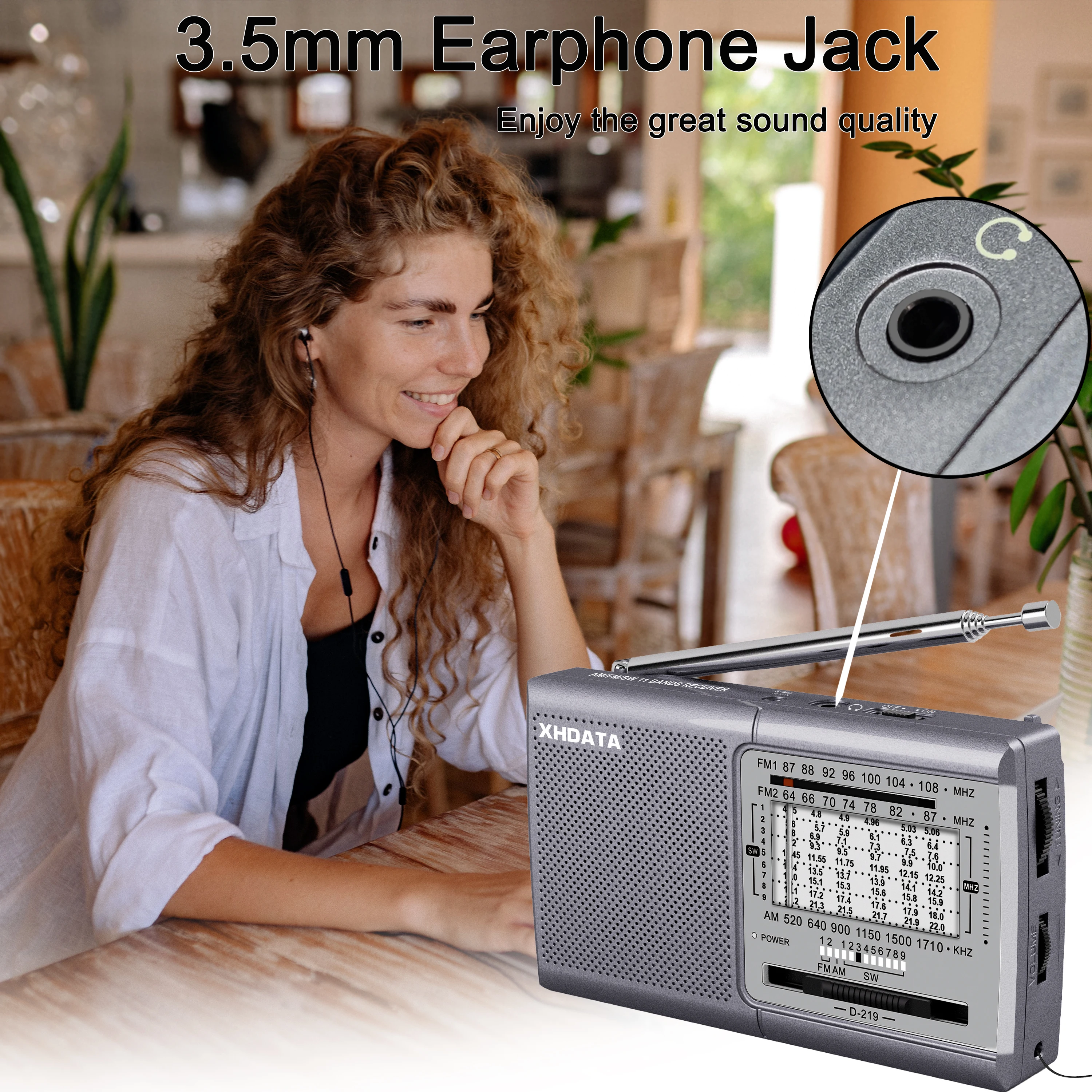 XHDATA D-219 Di Động Đài Phát Thanh FM AM SW1-9 11 Ban Nhạc Máy Thu Vô Tuyến Cao Độ Nhạy Sóng Ngắn Túi Đài Phát Thanh + Tai Nghe Chụp Tai