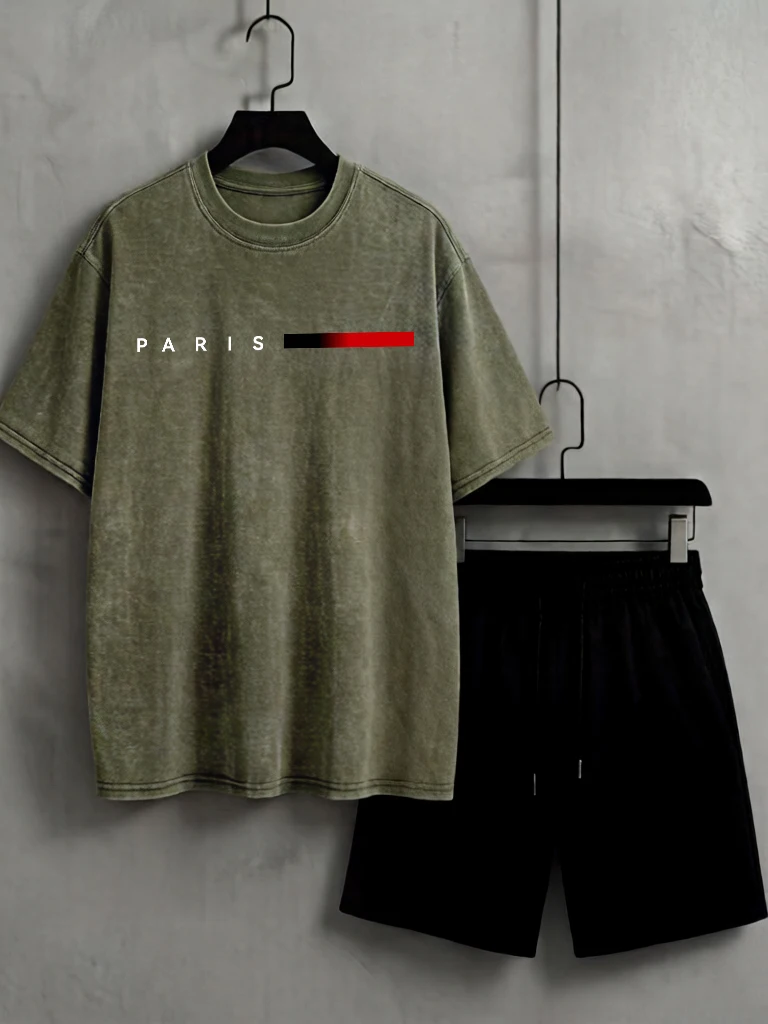 

Paris Creative Letter Printed Man Washed T-Shirts Summer New Classic Shorts Cotton Trendy Clothes Sport O-Neck Tee 2 Piece Set