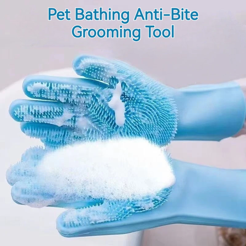 Pet Bathing Glove Anti Scratch Anti Bite Long Silicone Massage Brush for Dogs Cats Shower Washing Tool Pet Cleaning Supplies