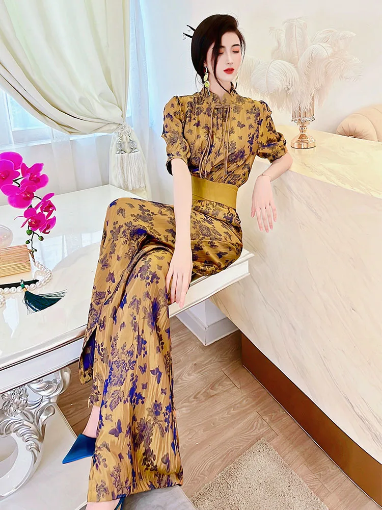 

Summer New Fashion Blouse Women's Short Sleeves printed chiffon shirt + Wide-leg Pants Fashionable Two-piece Suit