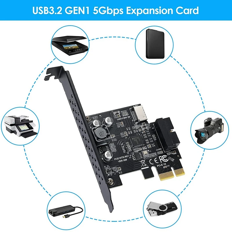 

PCI-E 1X To USB 3.2 GEN1 5Gbps 20Pin Front Panel Header (To Type-C Front Panel Header) Front Panel Connector Riser Card