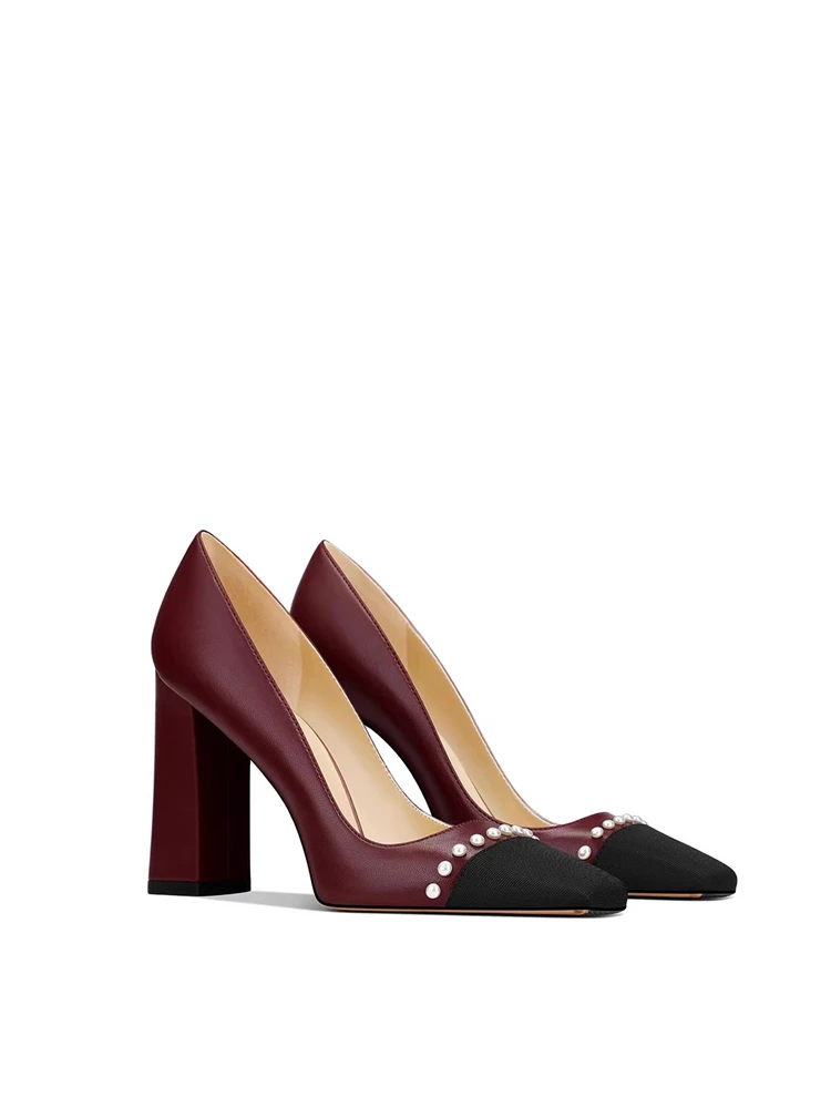 Spring new square toe leather stitched pearl square heel shoes banquet dress large size small size thick high heeled women shoes view 4