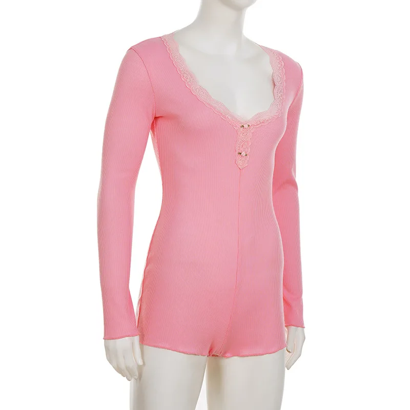 Macacão francês estilo doce renda patchwork com decote em V manga comprida slim fit para mulheres