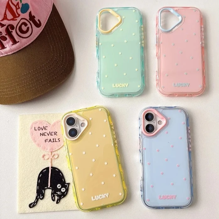 

Korean Fashion Macaron Color Phone Case For Apple iPhone 16 Pro Max 15 Pro 14 Shockproof Cute Polka Dot Back Cover For iPhone 16