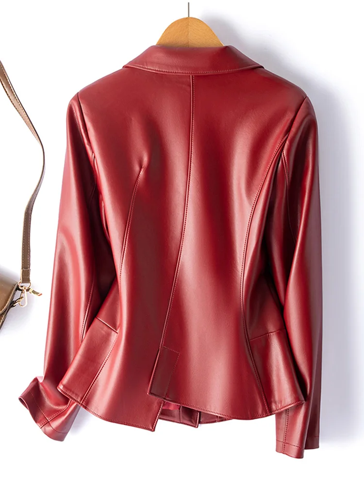 New Women Spring Autumn Split Leather Jacket Fashion Notched Collar Slim Waist Single Button Blazer Casual Leather Coat Female