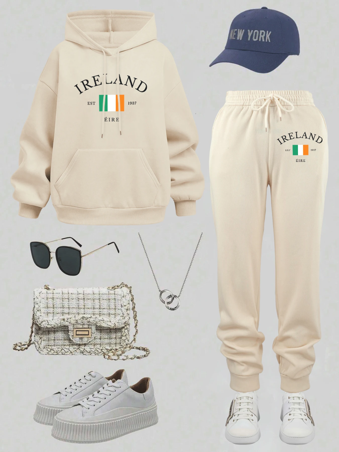 ชุดฮู้ดดี้แฟชั่นผู้หญิงลายพิมพ์ Ireland Est 1937 พร้อมกางเกงจ็อกกิ้งลำลองมีกระเป๋า กางเกงวอร์มผ้าฟลีซสำหรับฤดูใบไม้ร่วง เสื้อผ้าสตรีแนวสตรีท