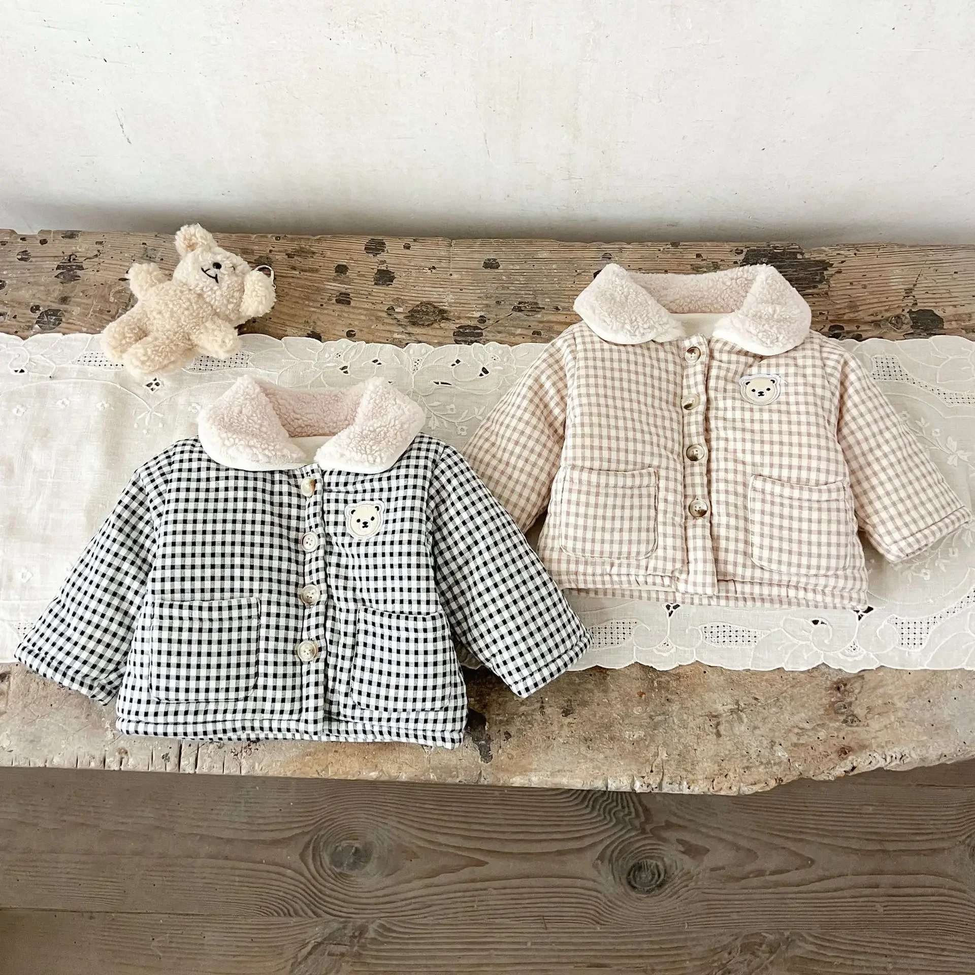 LILIGIRL Winter Baby Girl Clothing  Plaid Coat Warm Fleece Lined Cartoon Bear Embroidery Children Cotton Padded Jacket