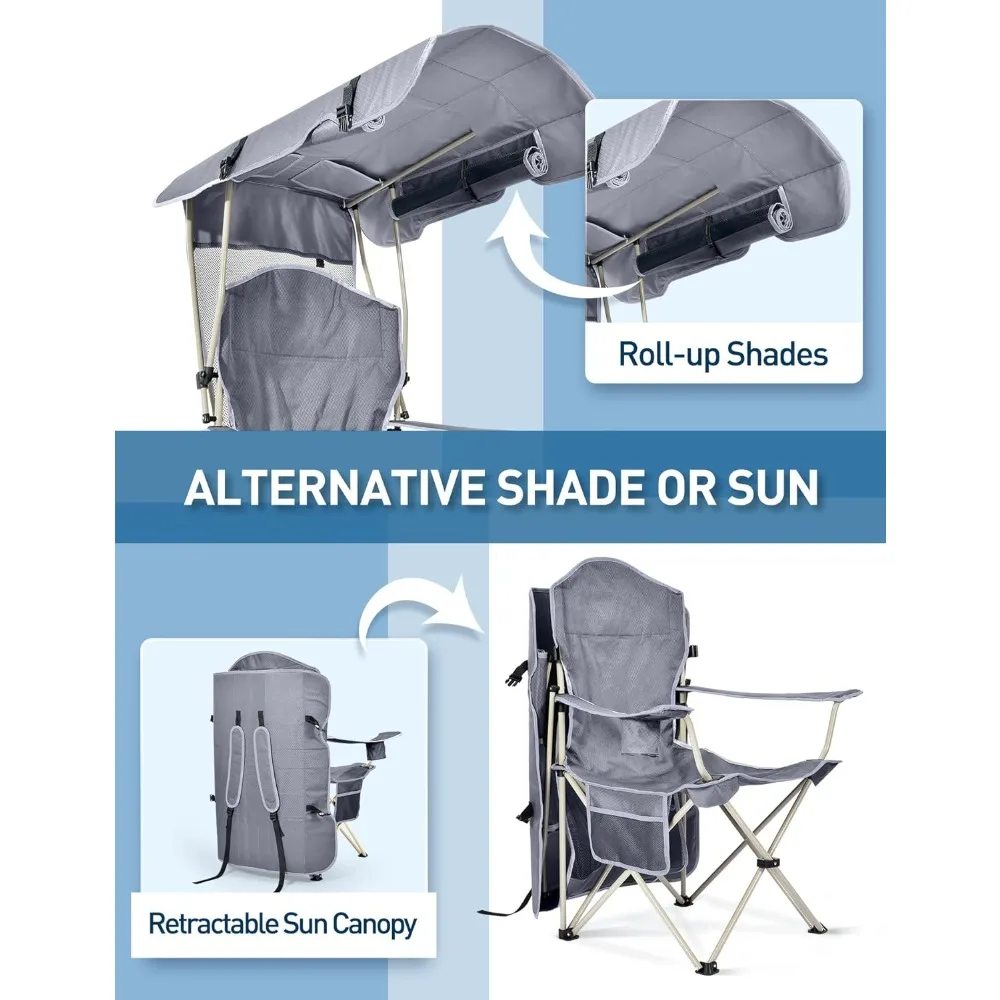 كرسي الشاطئ مع مظلة، كرسي تخييم قابل للطي مع مظلة مع حامل أكواب، جيب جانبي للتخييم، الشاطئ، الباب الخلفي