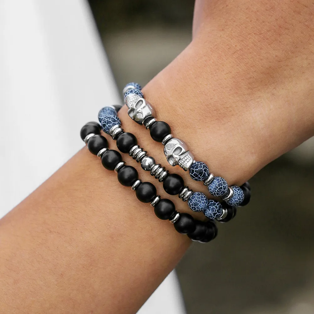 Vintage Men's Hip Hop Stainless Steel Skull Multi-layered Weathered Black Agate Stone Bead Bracelet