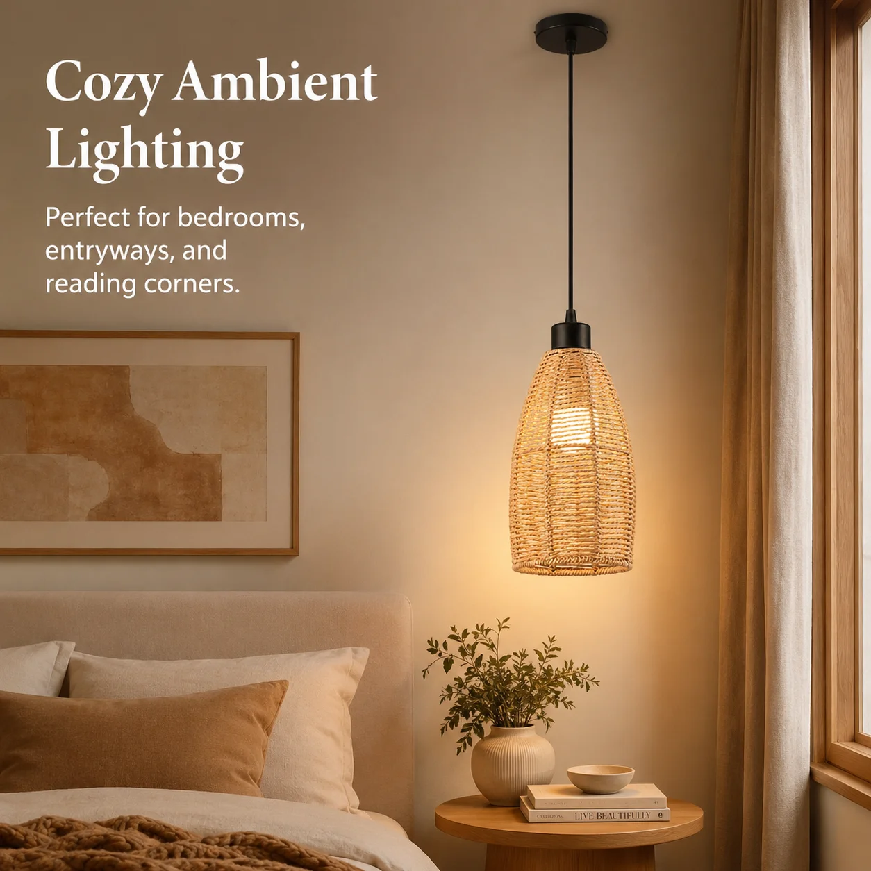 JOYINLED Wicker Lamp Rattan Chandelier Ceiling Light Teahouse Restaurant Bedroom Decor Pastoral Retro Vine Pendant Light Fixture