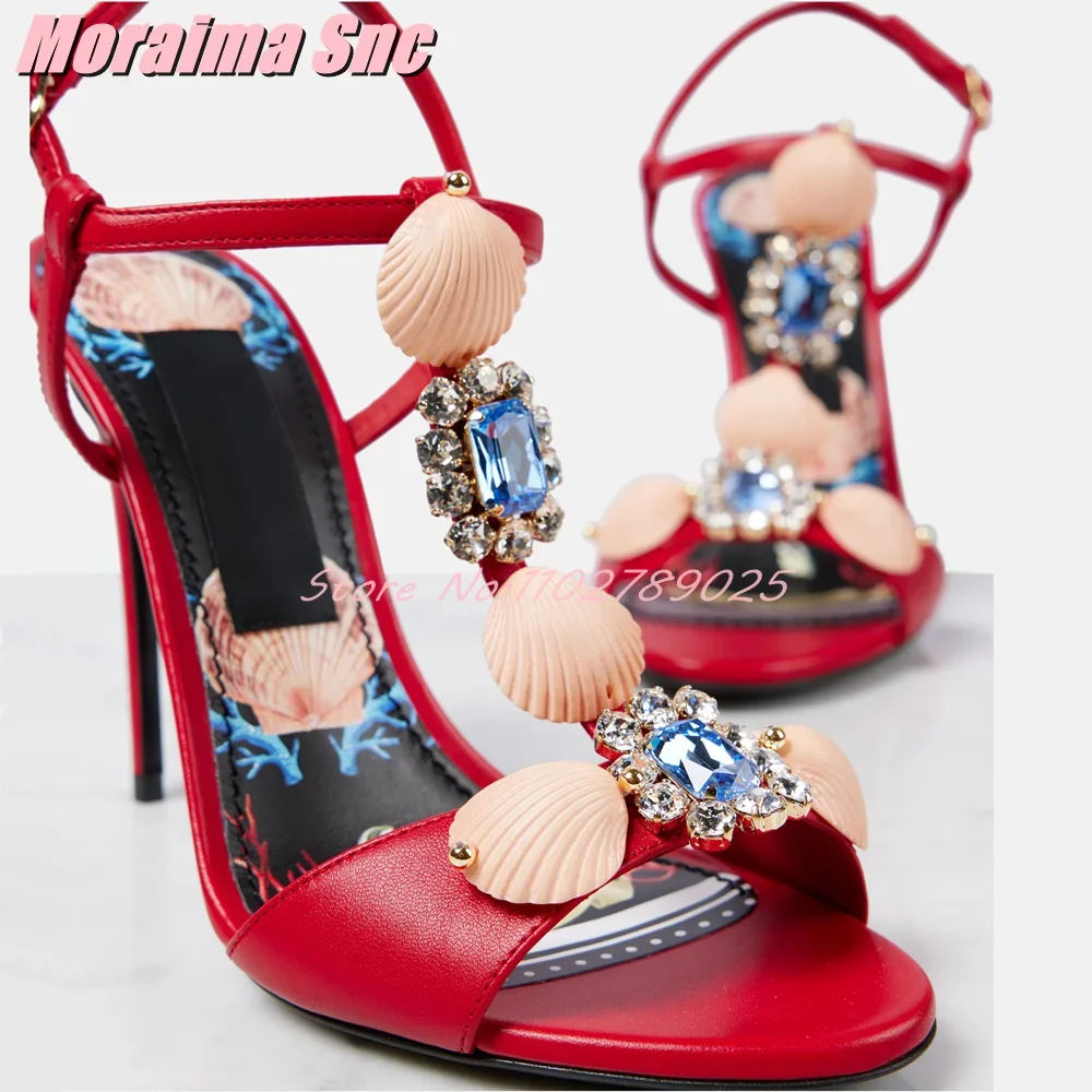 Luxury Shell Crystal Embellished Sandals Stiletto High Heel Round Toe Ankle Buckle Strap Sexy Fashion Women\'s Summer Shoes 2025