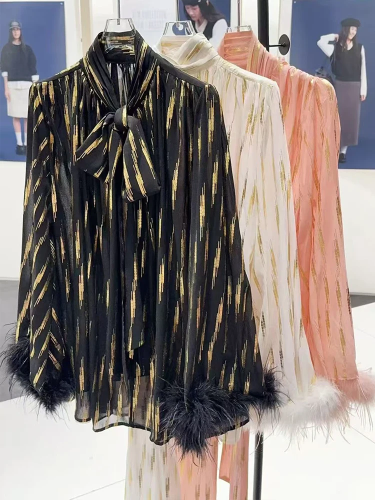 High-grade ostrich feather splicing trumpet sleeve bow tie loose shirt autumn 2025 new fashion Joker temperament blouse