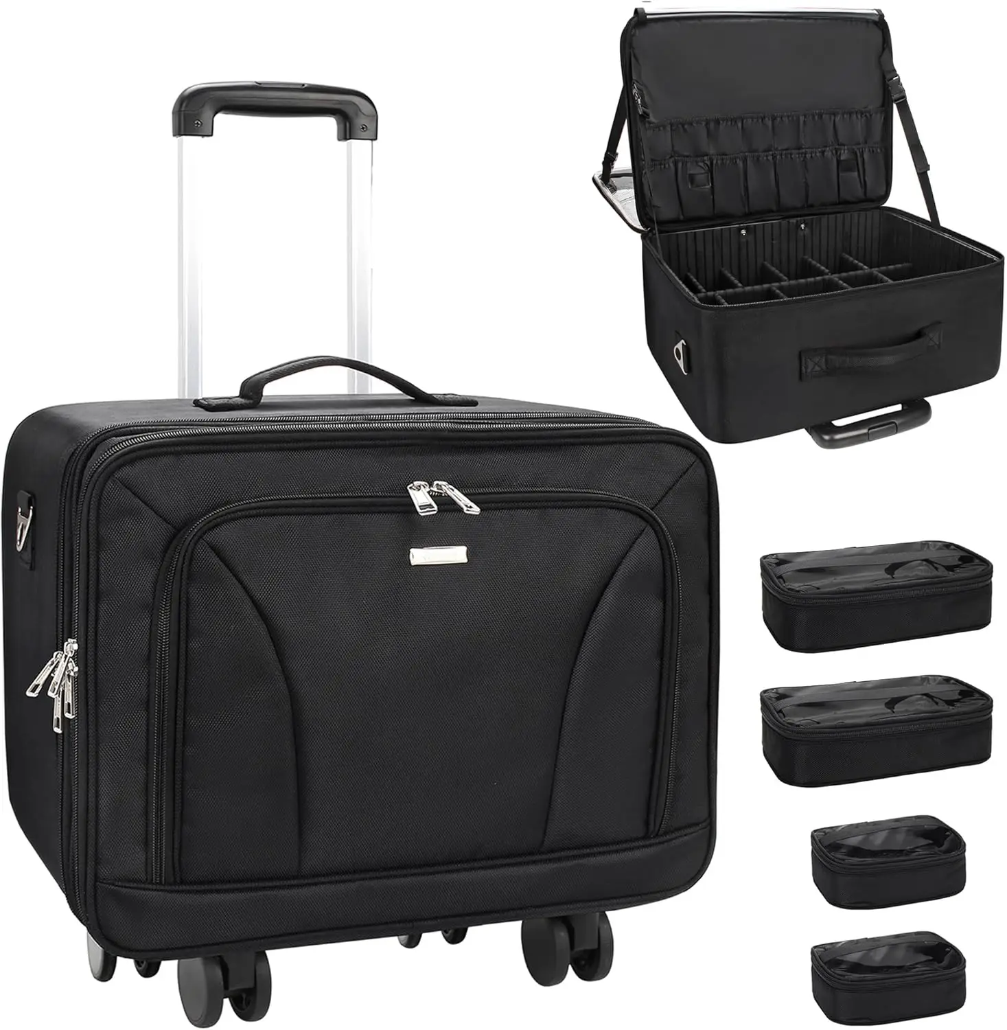 Case with 360° Spinner Wheels, 3 Layer with Insulation Compartment & 4 Clear Bags, Professional Makeup Artist Bag Set