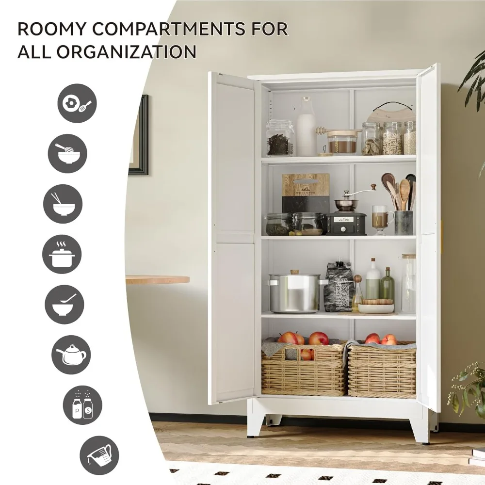 

61" Metal Pantry Cabinet with Adjustable Shelves, White Storage Cabinet with Doors and Shelves, Customized