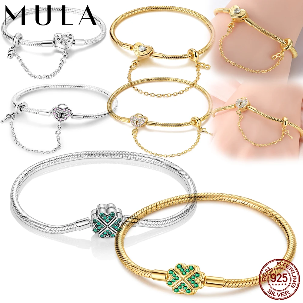 Pulseira original 925 prata esterlina charme pulseira 17-20cm coração dourado amor chave trevo pulseira feminino jóias presente