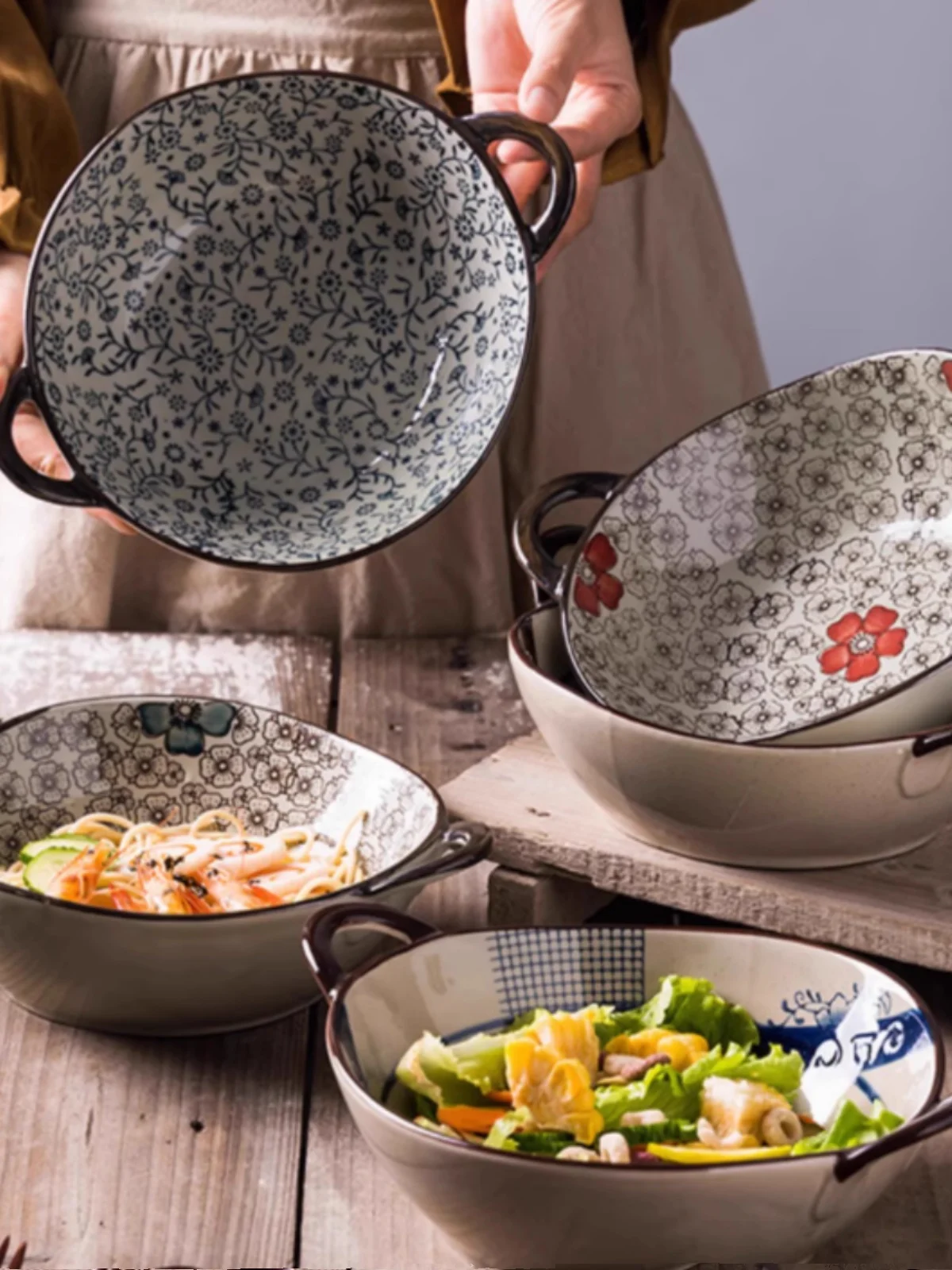 

High-Temperature Resistant Cerc Soup Bowl with Double Ears And Handle for Noodles And Snail Soup Vintage Dining Utensils