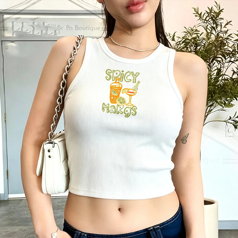 Women Ribbed Tank Top Camisole Crop Y2K Top Spicy Margs Margarita Cocktail Bottle Lime Hand Drawn Print Sleeveless Slim Fit Crop