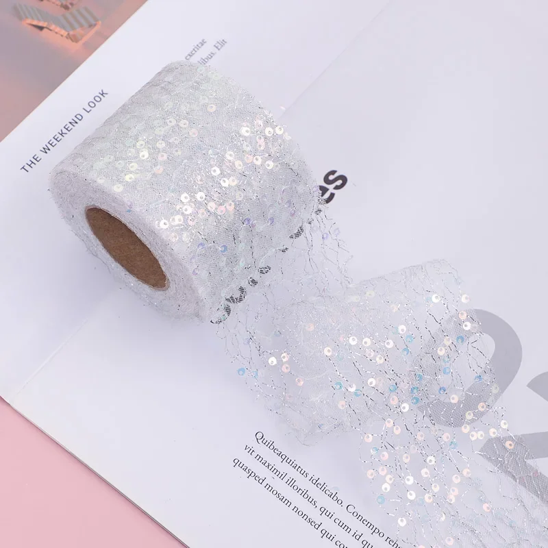 6cm 2Yards Sequin Spider Web Tulle Ribbon Roll DIY Craft Ribbons for Gift Bow Packaging Children\'s Hair Accessories Supplies