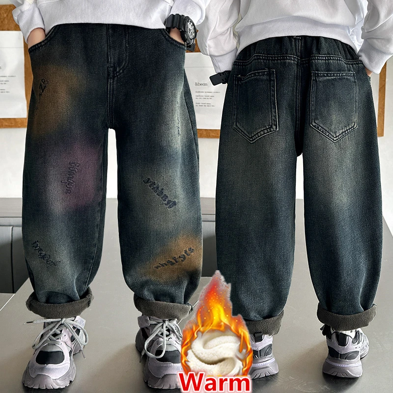

Korean Children Winter Fleece Lined Jeans for Boys Casual Insulated Denim Pants Baby Kids Warm Casual Thermal Jeans Trousers
