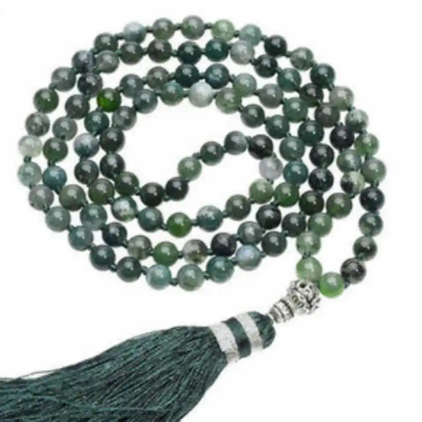 8mm Natural 108 Ocean Grass Agate gemstone beads necklace Fashion Fashion Choker Pendant Opera length Stone Mala  Men