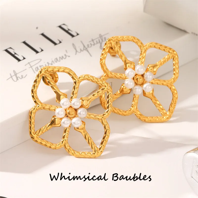 

Vintage Stainless Steel Flower Pearl Earring Plated 18k Gold Color Non Tarnish Waterproof Trendy Jewelry Earring for Women Gift