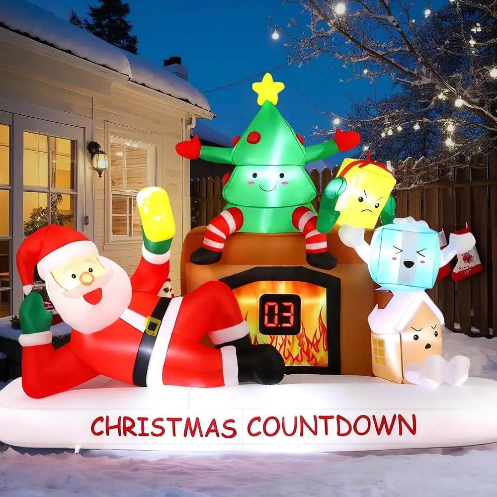 Christmas Outdoor Inflatable Decorations with LED Countdown Clock, Santa, Tree, Fireplace, and Gift Boxes for Holiday Party Lawn