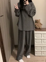 Large size 100kg striped pure cotton long sleeved pajama set for women's spring autumn 2024 new autumn can be worn externally