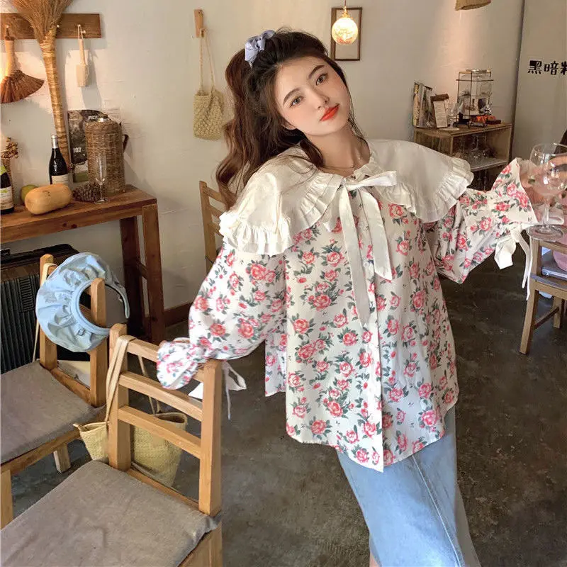 Vintage Floral Shirts Women Kawaii Peter Pan Collar Lace-up Spring Sweet Girlish Long-sleeved Shirt Fashion Streetwear Aesthetic