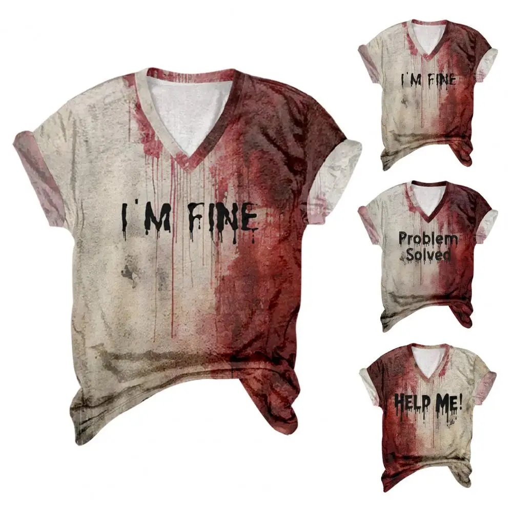 Women Tops Halloween Blood Letter Print V-neck Long Sleeve Women's Tee Shirt Loose Fit Festival Party Wear Tops for Women Blood