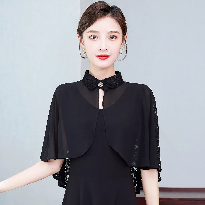 

2023 Spring Summer Hollow Lace Sunscreen Women Chinese Retro Fashion Shawl Leisure Capes Poncho Lady Cloaks Black