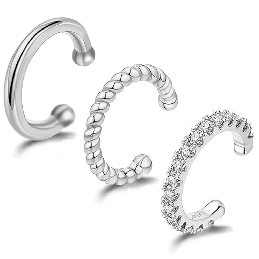 3pcs Ear Cuff 925 Sterling Silver Hoop Cuffs Earring for Women Teen Non Piercing Hypoallergenic Cubic Zirconia Earring Gifts
