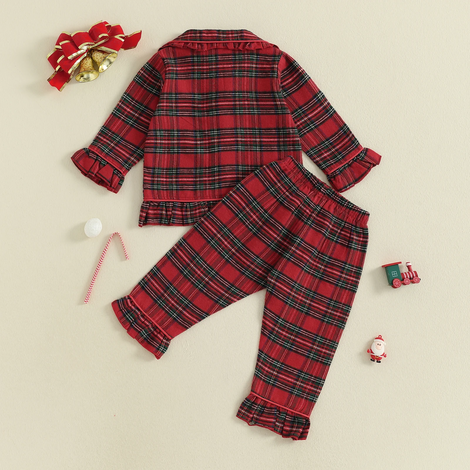 طقم بيجامات خريفي وشتوي للفتيات الصغيرات منقوشة مطبوعة بأكمام طويلة وياقة مقلوبة مع سروال بخصر مطاطي ملابس نوم ملابس منزلية