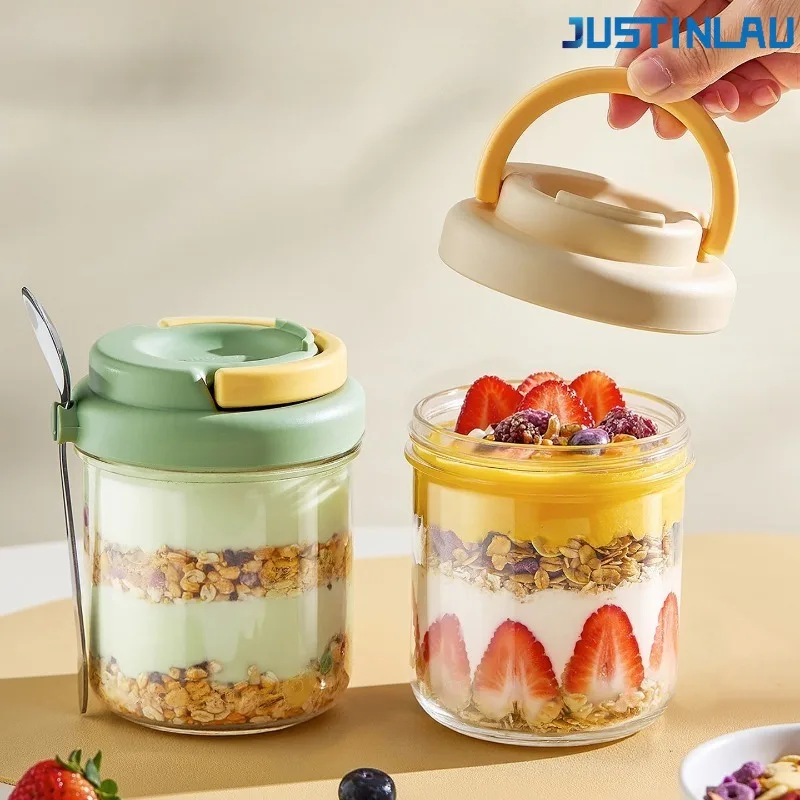 JUSTINLAU 430ML Portable Salad Cup with Stainless Steel Spoon Thick Glass Breakfast Cup Sealed for Students with Breakfast