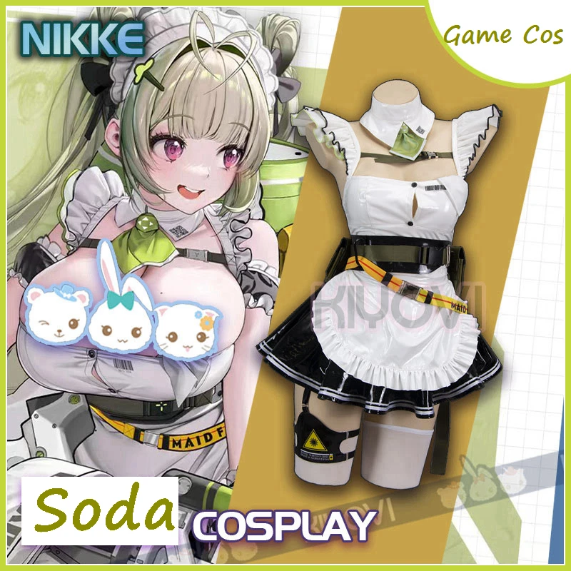 Game NIKKE The Goddess of Victory Cosplay Soda Sexy Leather Jumpsuit Anime Maid Skirt Lolita Apron Headwear Pantyhose Halloween