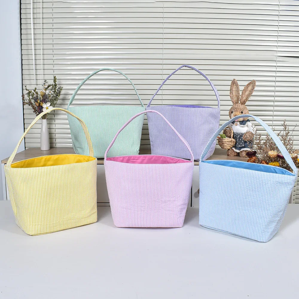 Seersucker Easter Basket With Candy Cute Stripped Storage Bag Egg Hunt Carrying Gift Tote Bags For Kids Easter Party Decoration