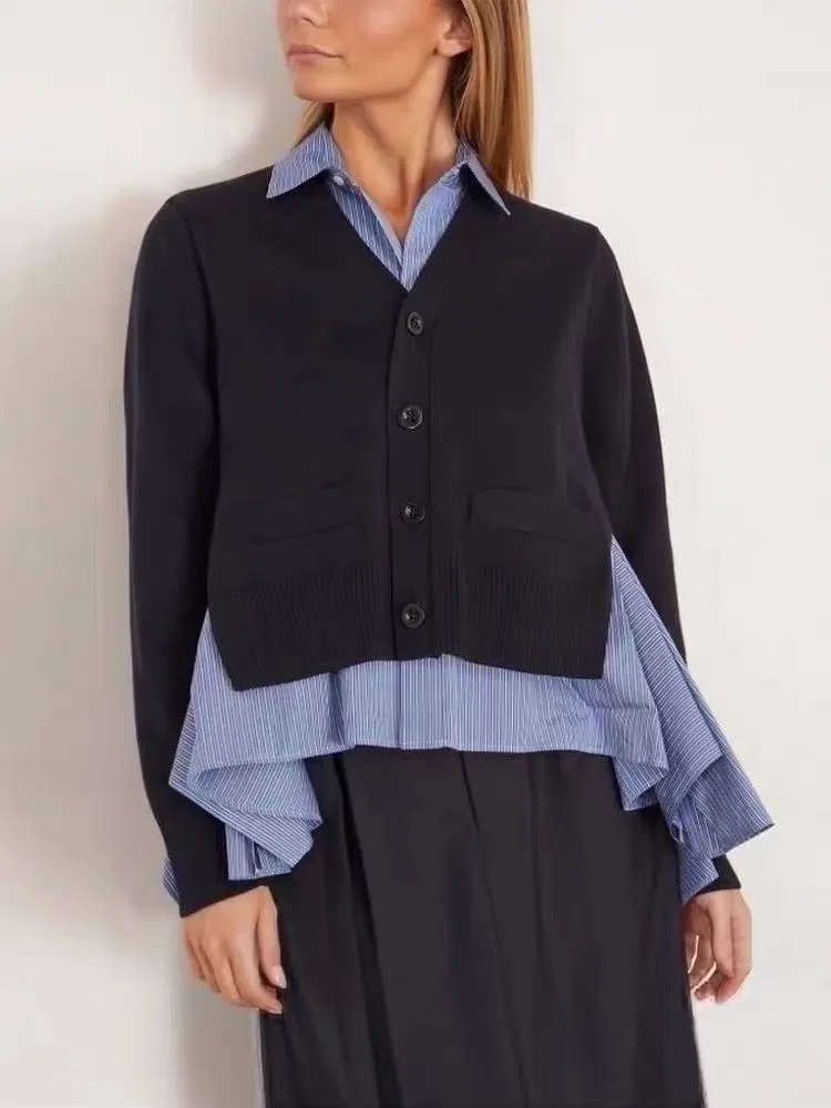 محبوك المرقعة الخريف سترة المرأة مخطط طباعة موديس غير النظامية كشكش مطوي السيدات بالأزرار معاطف سترة امرأة عادية #2